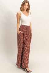 SMOCKED DOT WIDE LEG PANTS