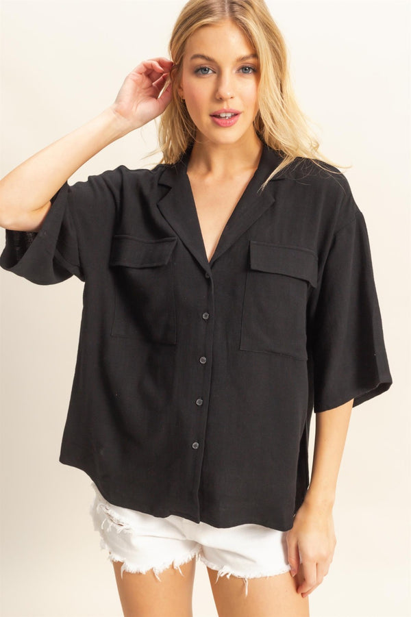 LINEN BLEND POCKET TOP