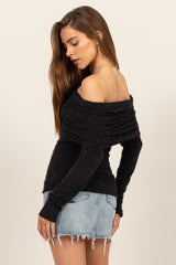 FOLD OVER OFF SHOULDER FUR SWEATER