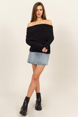 FOLD OVER OFF SHOULDER FUR SWEATER