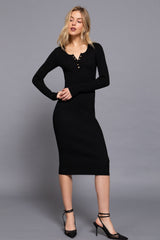 SNAP RIBBED SWEATER MIDI DRESS