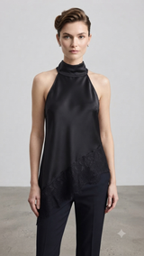 SATIN LACE TRIM MOCK NECK TOP