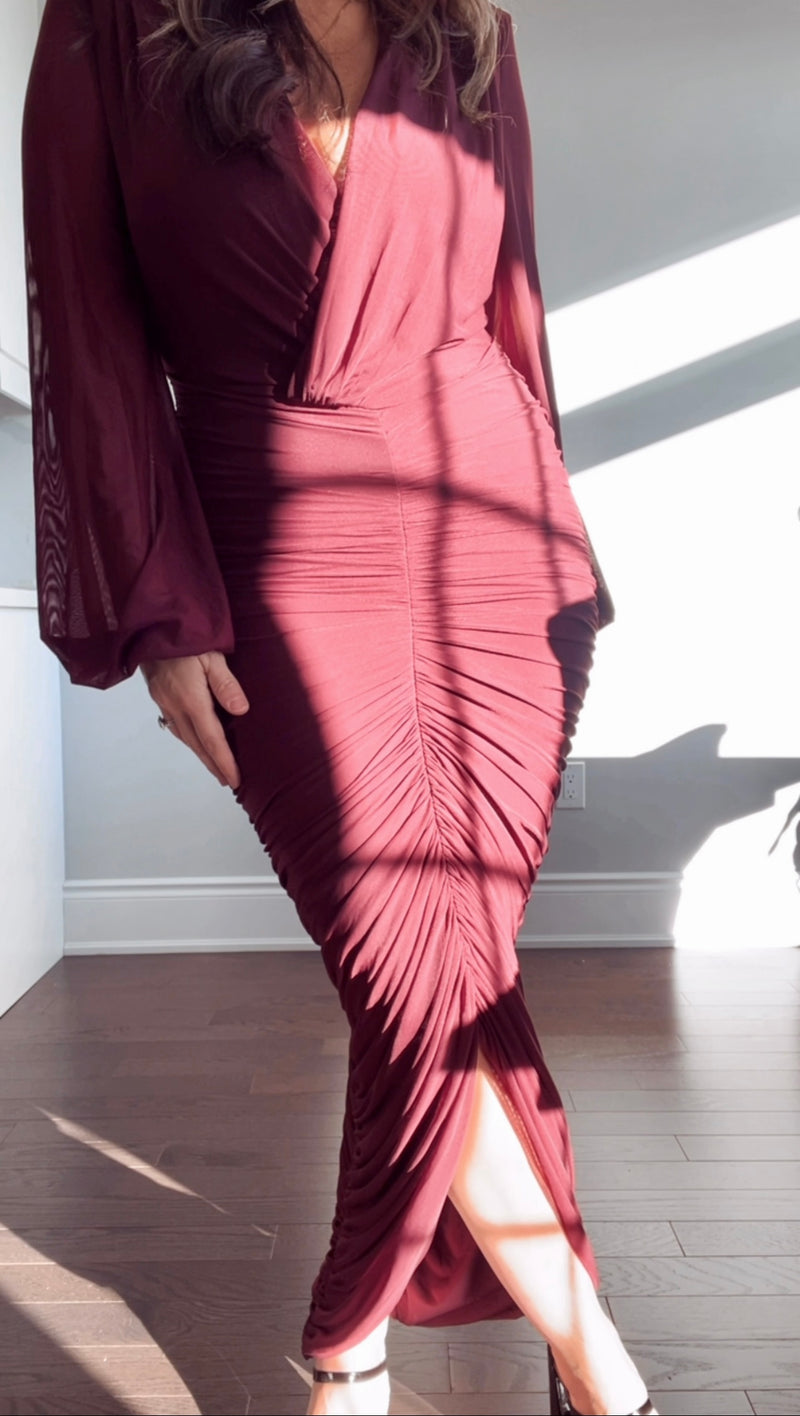 BIANCA - LONG SLEEVE ROUSH MESH DRESS