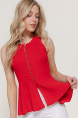 PEPLUM RIBBED BUTTON TOP