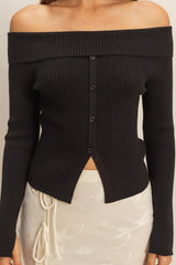 OFF SHOULDER BUTTON FRONT SWEATER