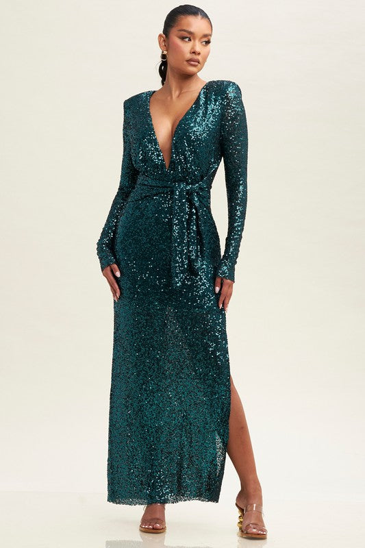 GABBY - L/S DEEP V SEQUIN GOWN