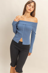 OFF SHOULDER BUTTON FRONT SWEATER