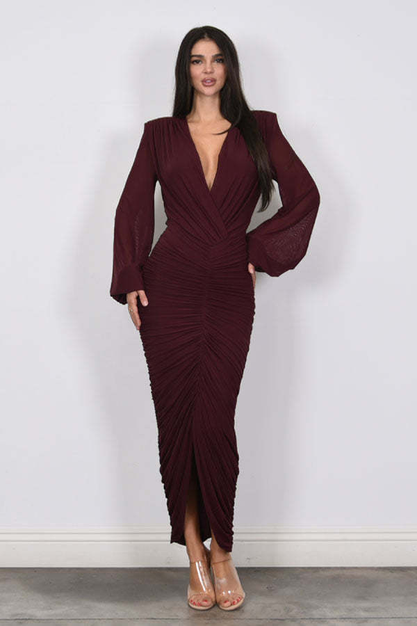 BIANCA - LONG SLEEVE ROUSH MESH DRESS