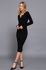 SNAP RIBBED SWEATER MIDI DRESS