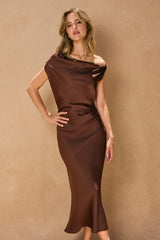 RUM RAISIN - OFF SHOULDER METAL DETAIL DRESS