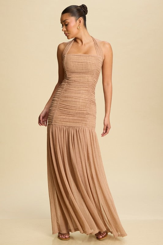 SANDY - HALTER ROUSHED MAXI DRESS