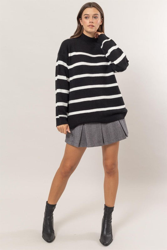 STRIPE OVERSIZE MOCK SWEATER