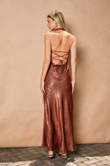 SUNSET - METALLIC HALTER MAXI DRESS