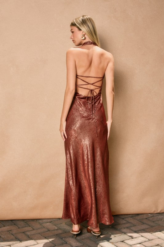 SUNSET - METALLIC HALTER MAXI DRESS
