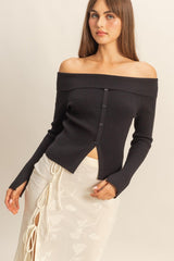 OFF SHOULDER BUTTON FRONT SWEATER