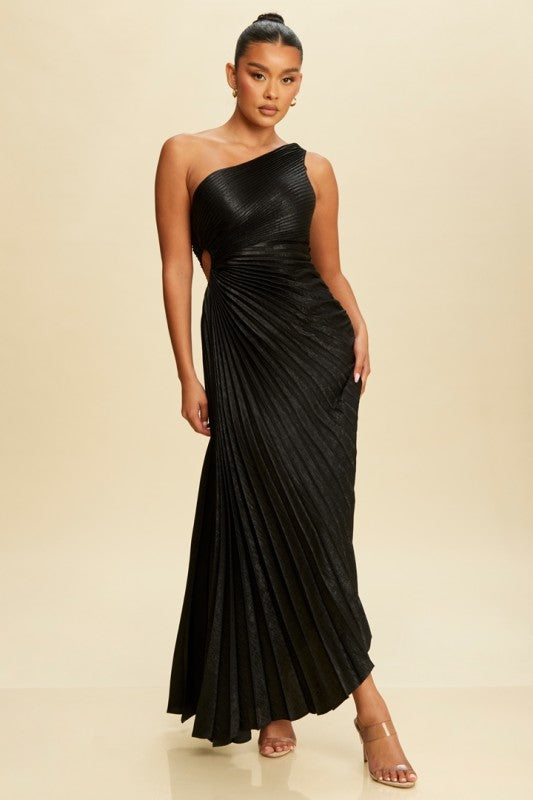 PEARL - METALLIC ONE SHOULDER PLEAT DRESS