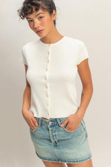SHORT SLEEVE BUTTON CARDIGAN TOP