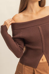 OFF SHOULDER BUTTON FRONT SWEATER