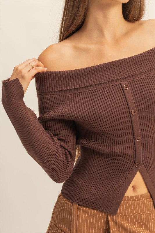 OFF SHOULDER BUTTON FRONT SWEATER