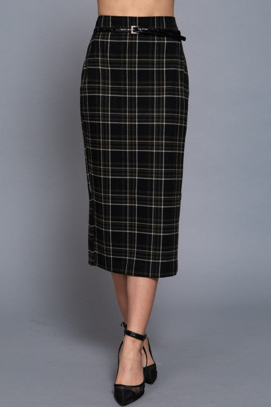 CHARLY - PLAID MIDI COLUMN SKIRT