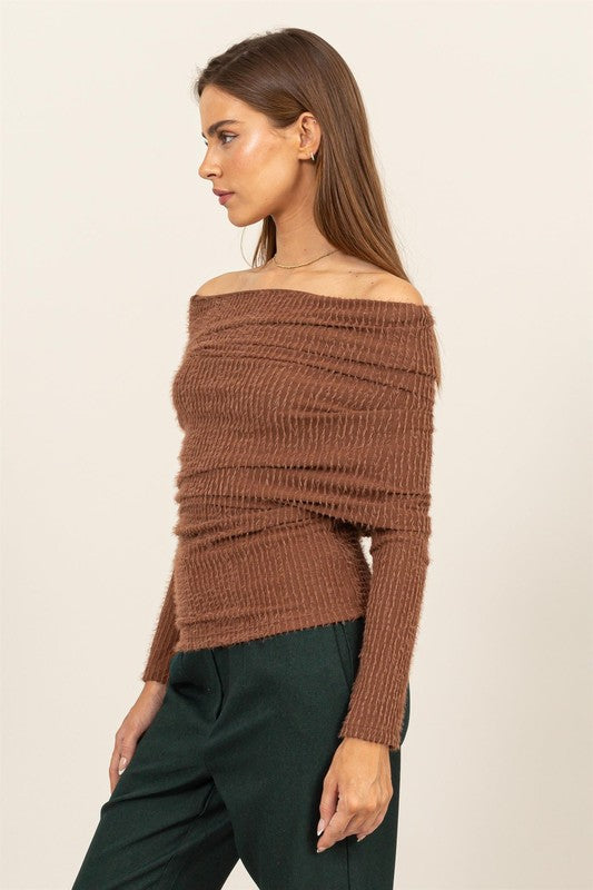 FOLD OVER OFF SHOULDER FUR SWEATER