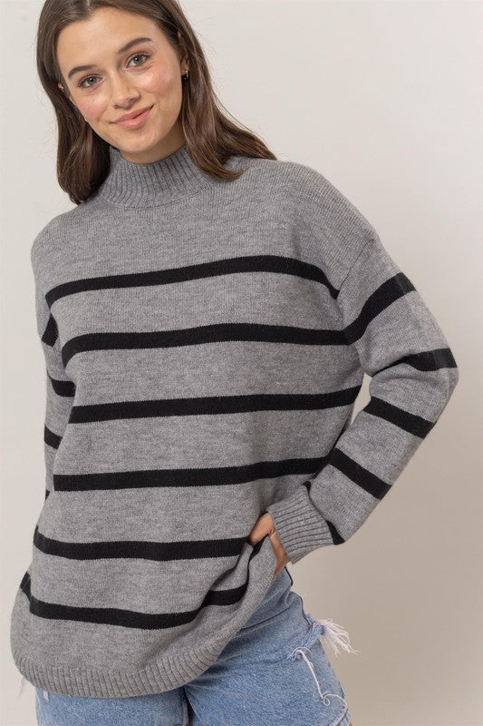 STRIPE OVERSIZE MOCK SWEATER