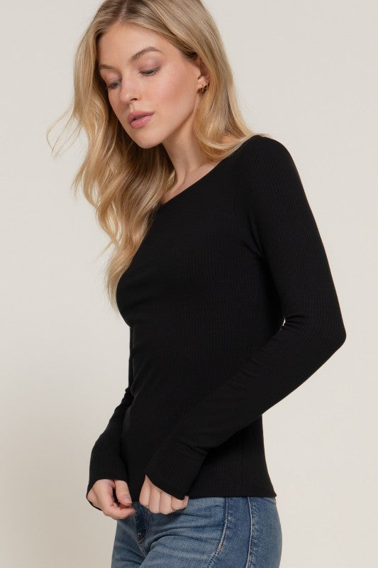 LONG SLEEVE RIBBED CREW NECK TOP