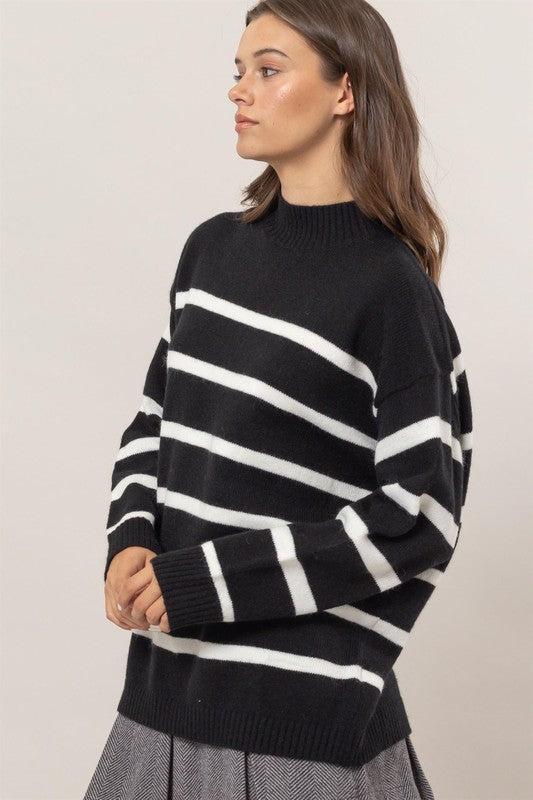 STRIPE OVERSIZE MOCK SWEATER