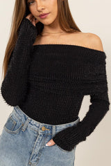 FOLD OVER OFF SHOULDER FUR SWEATER